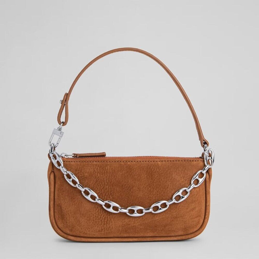 BY FAR Mini Rachel Chain-Embellished Suede Baguette Bag - Picture 7 of 7